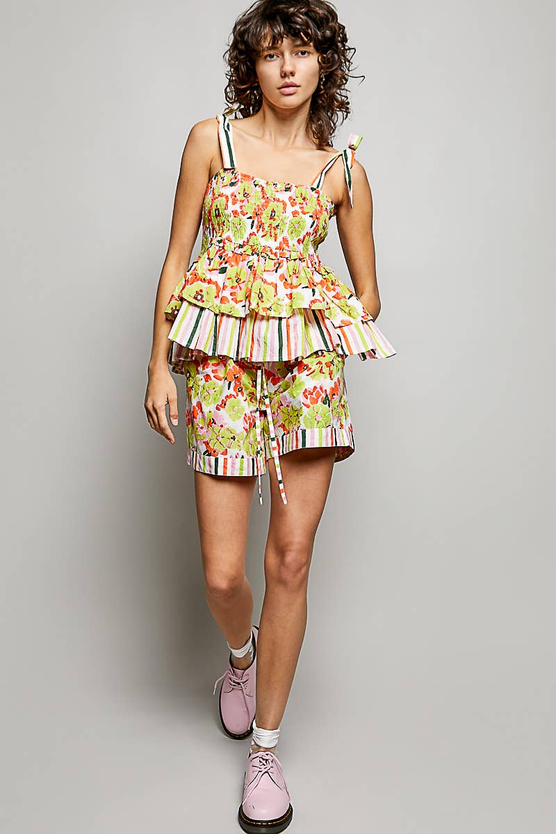 Lime Floral Ruffle Adjustable Strap Woven Printed Sleeveless Top