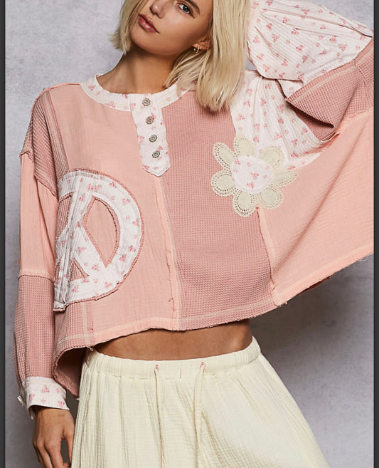 Pink Thermal Round Neck Peace Flower Top Pol