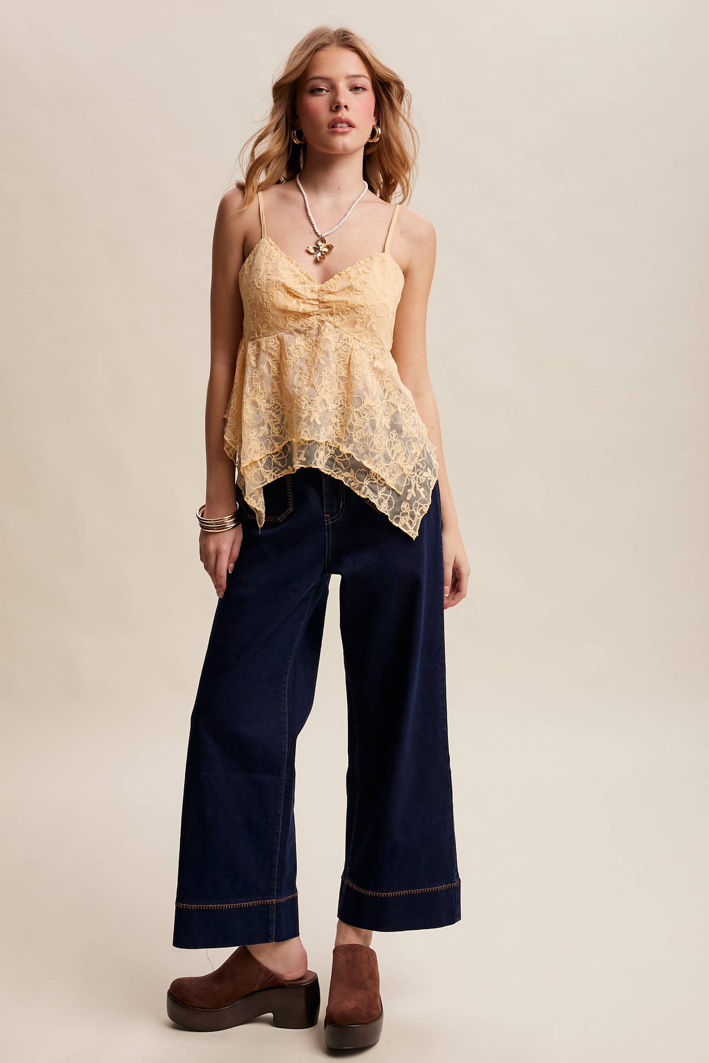 Contrast Stitch Wide Leg Stretch Denim Pants
