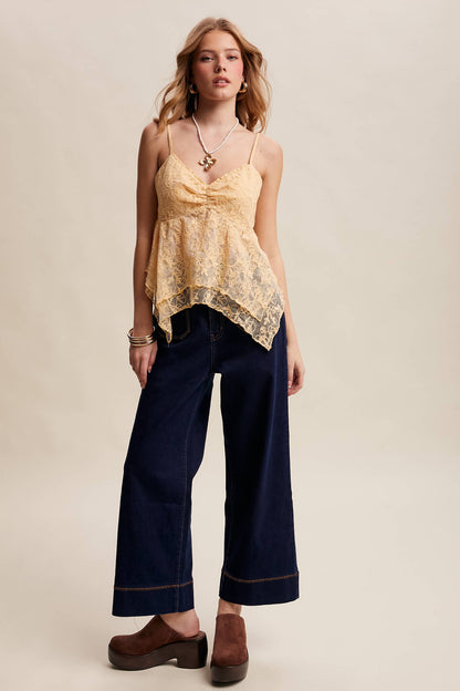 Contrast Stitch Wide Leg Stretch Denim Pants