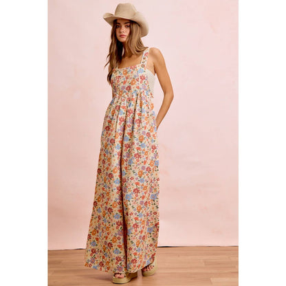 WASHED FLORAL TWILL FRONT POCKETS DETAIL OVERALL