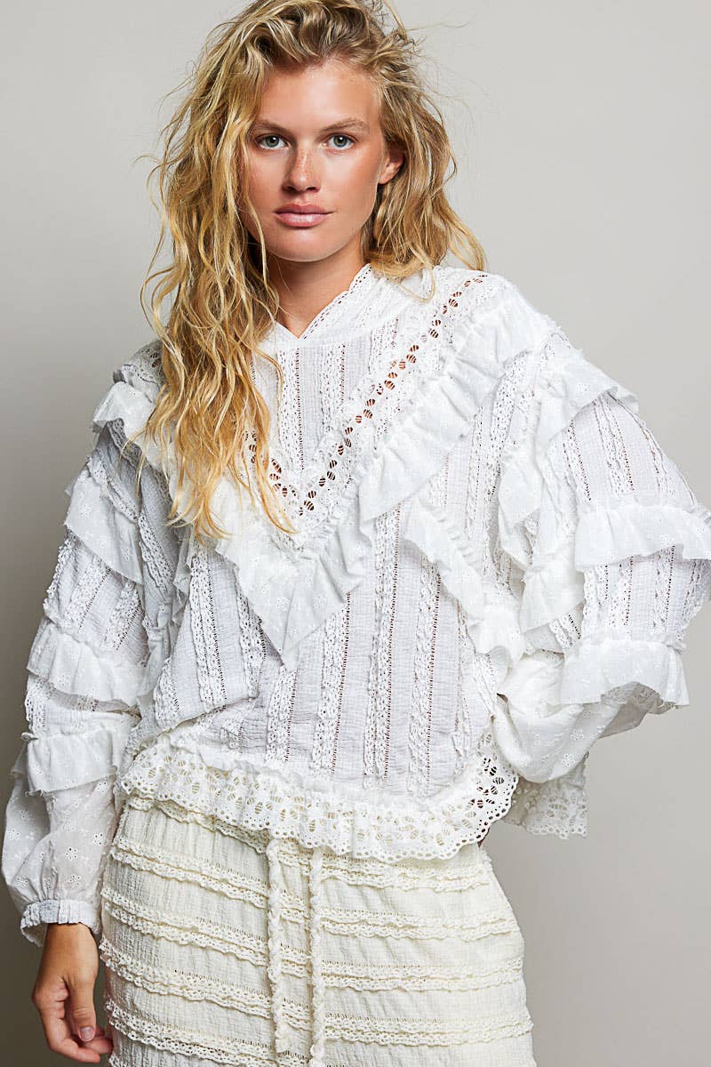 White Romantic Lace Ruffle Balloon Sleeve Floral Trim Hoodie