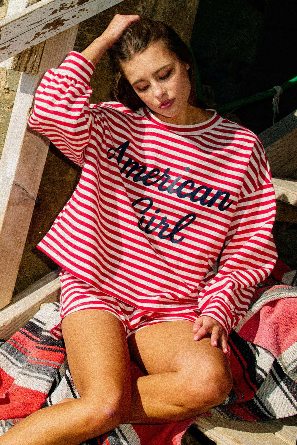 AMERICAN GIRL' Oversized Striped T-shirt