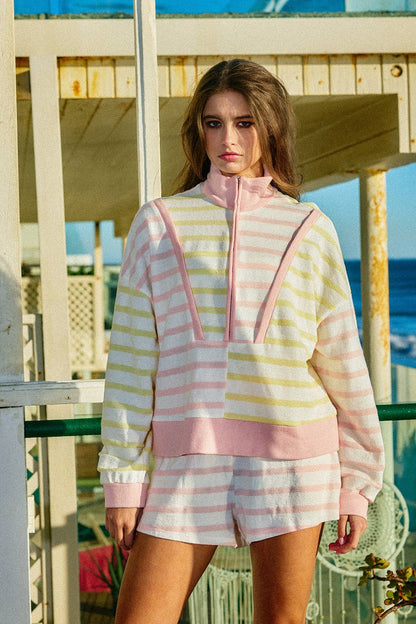 Oversized Funnel-Neck Half Zip Contrast Strip Top