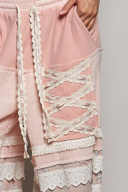Pink Double Gauze Trim Floral Patch Waistband Jogger Pants
