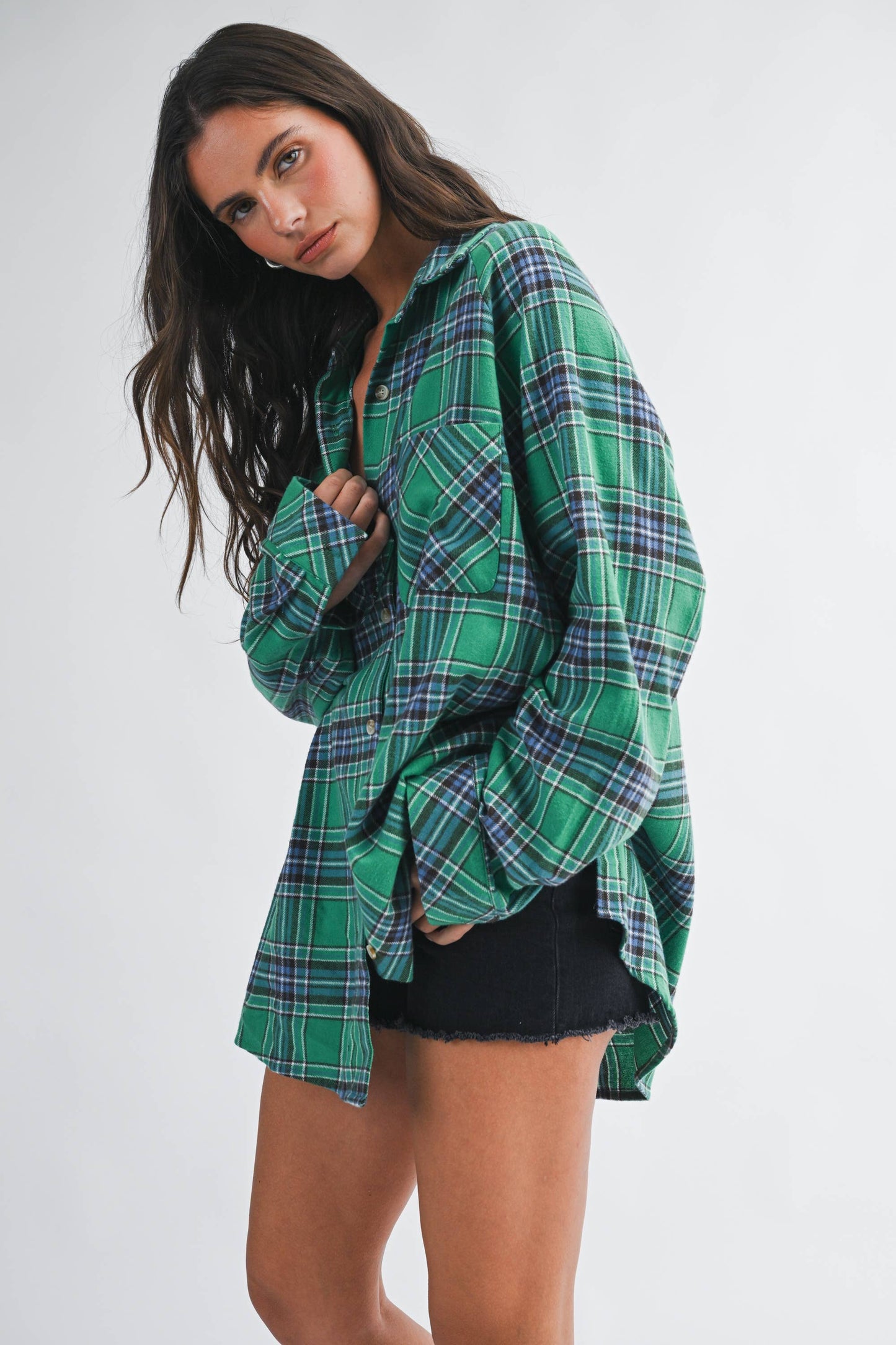 Teal Green Oversized Plaid Flannel Button Down Shirt
