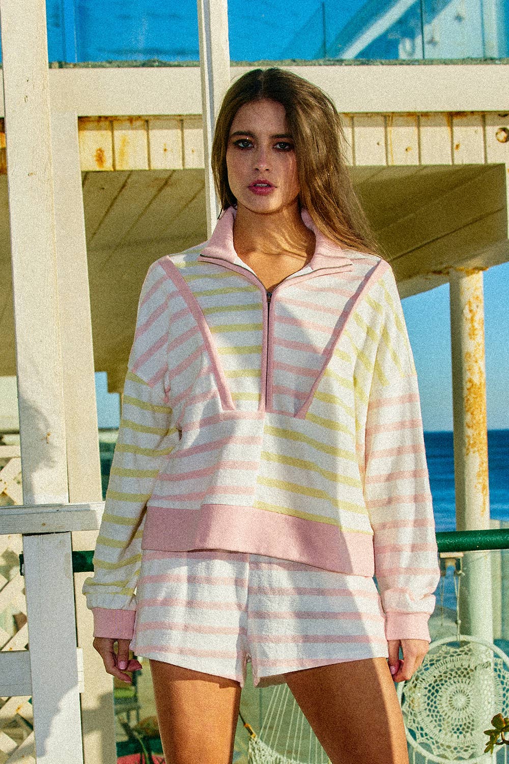 Oversized Funnel-Neck Half Zip Contrast Strip Top