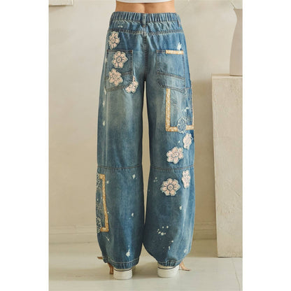 WASHED BLOCK PATCHED DENIM PANTS