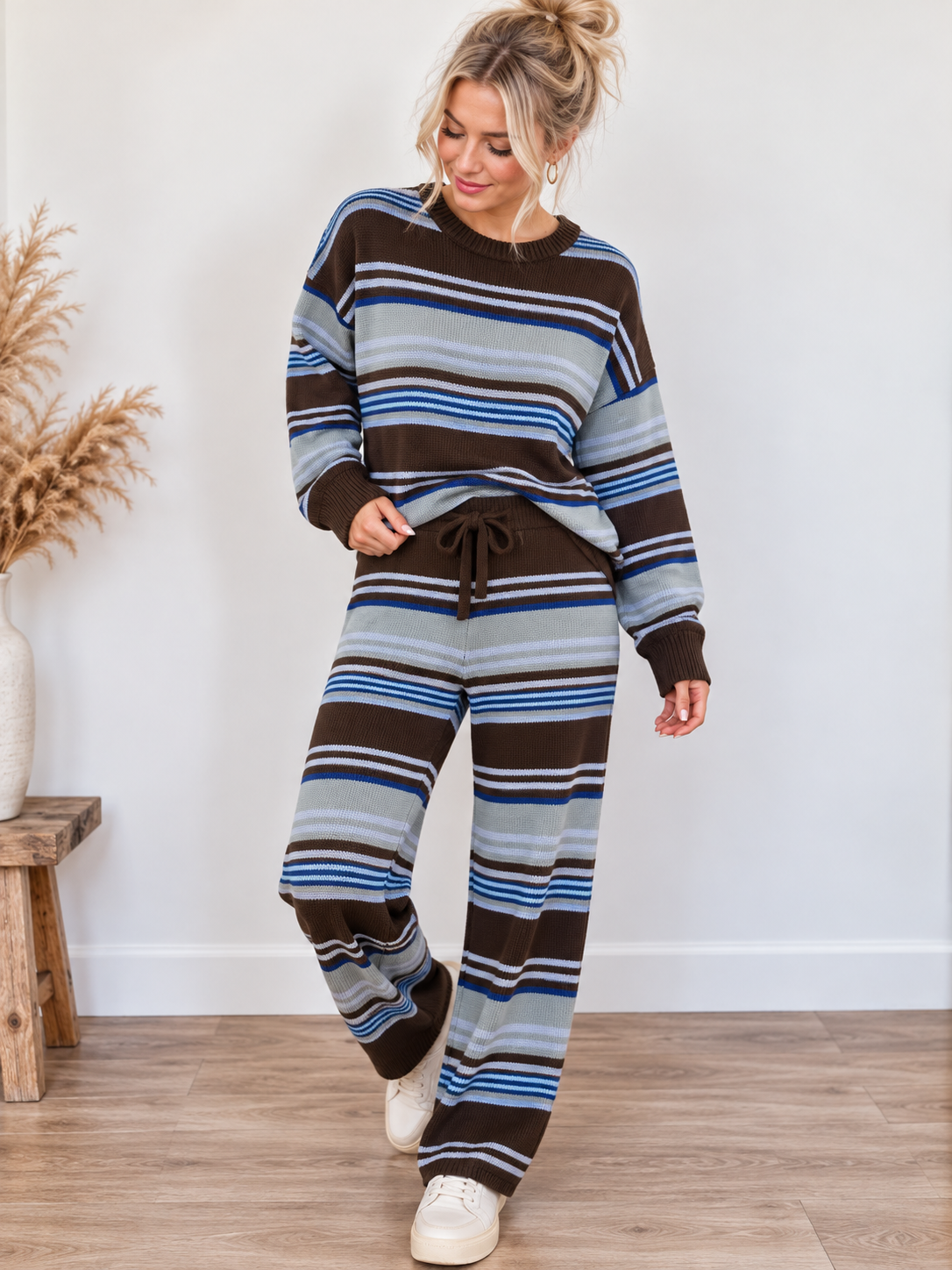 CREW NECK MULTI STRIPE SWEATER WITH WIDE LEG PANTS