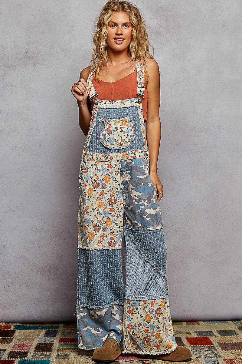 Animal printed floral print frayed edge twill woven overalls