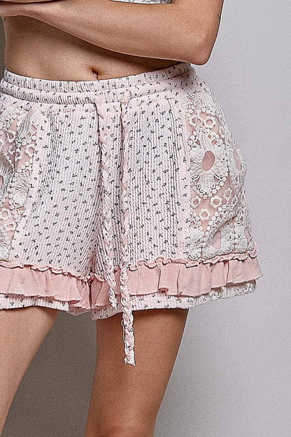 Pink Boho Floral Knit Waistband Lace Patch Ruffle Shorts