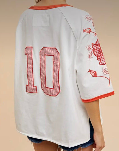 Red and White 10 Embroidery Top