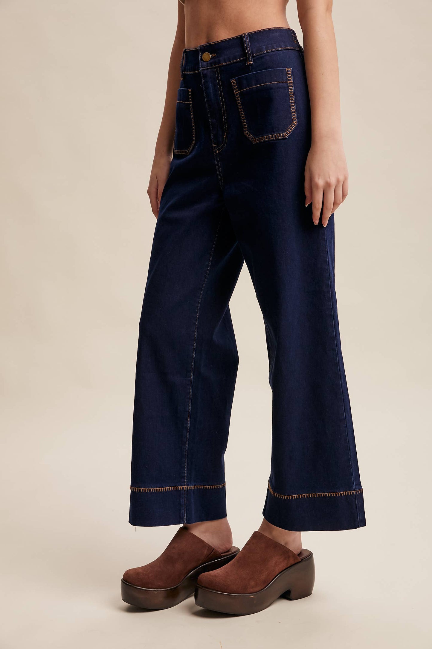 Contrast Stitch Wide Leg Stretch Denim Pants