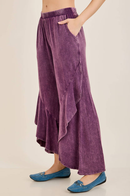 Mineral Washed Wavy Eggplant Ruffle Cropped Pants