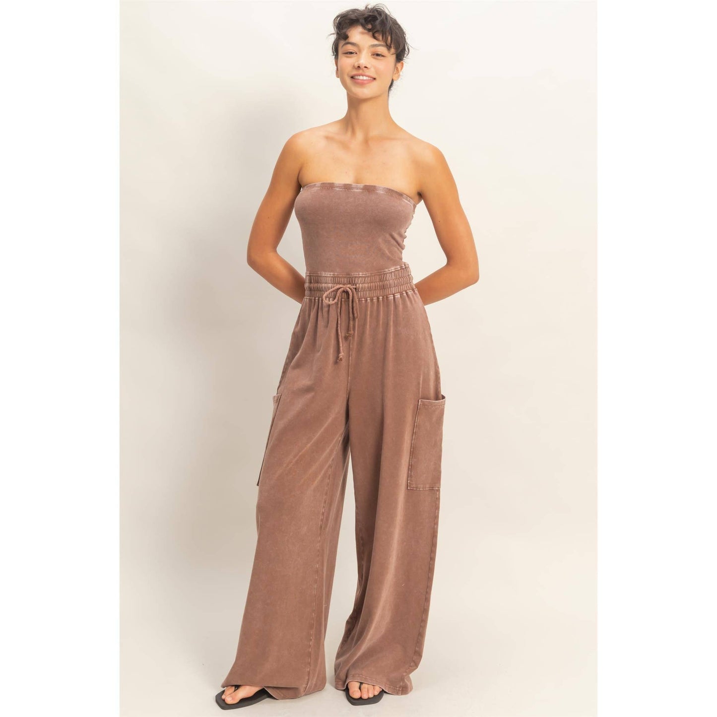 Mineral Wash Strapless Wide-Leg Jumpsuit