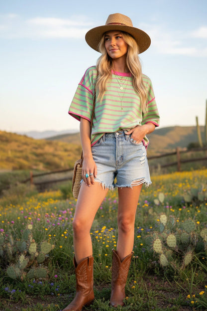 Striped Lime with Pink  Oversized Relaxed Top