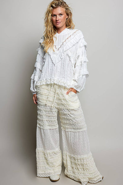 White Romantic Lace Ruffle Balloon Sleeve Floral Trim Hoodie