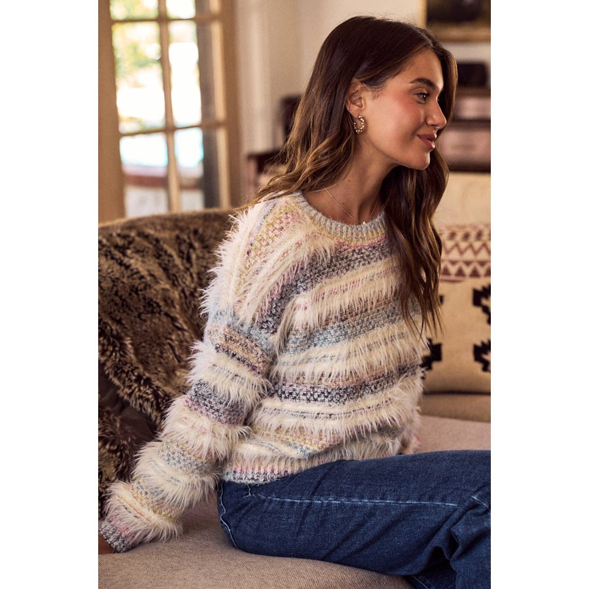 SOFT  MULTI COLOR STRIPE COZY SWEATER TOP