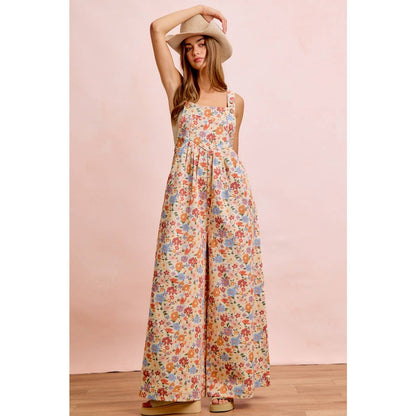 WASHED FLORAL TWILL FRONT POCKETS DETAIL OVERALL
