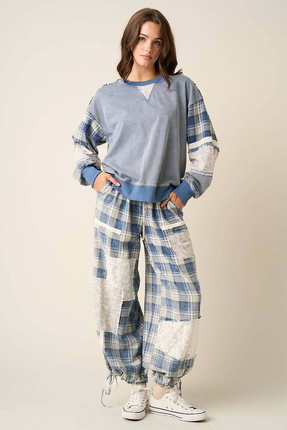 Mittoshop PLAID PATCHWORK LACE DRAWSTRING PARACHUTE PANTS