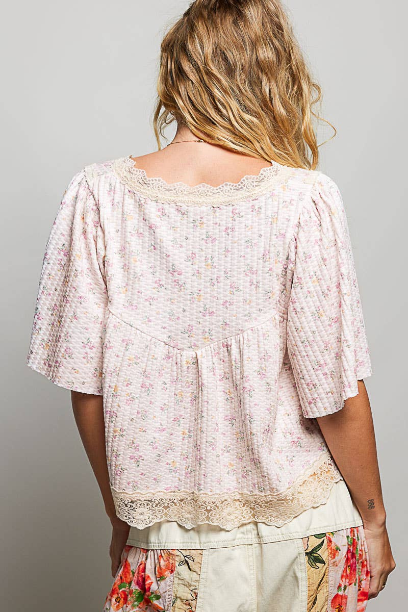Round Neck Short Sleeve Floral Printed Lace Soft Knit Top