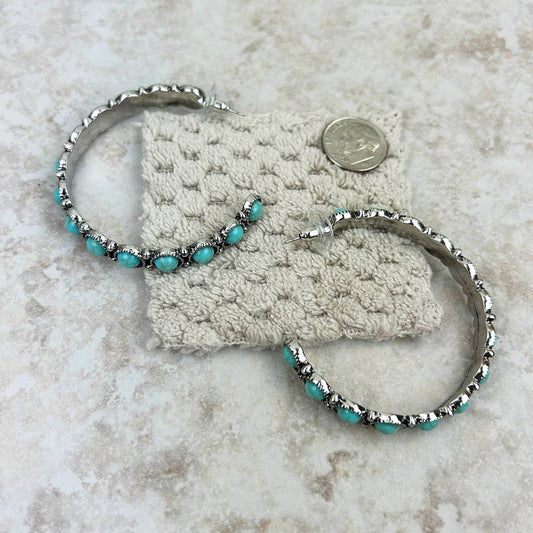 ER191230-03-BLUE       Silver turquoise stone concho hoop earring
