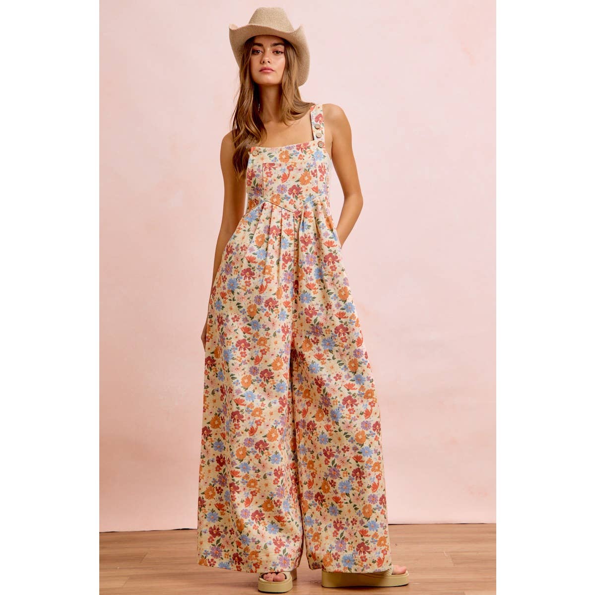 WASHED FLORAL TWILL FRONT POCKETS DETAIL OVERALL