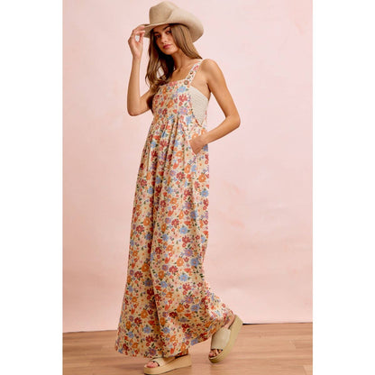 WASHED FLORAL TWILL FRONT POCKETS DETAIL OVERALL