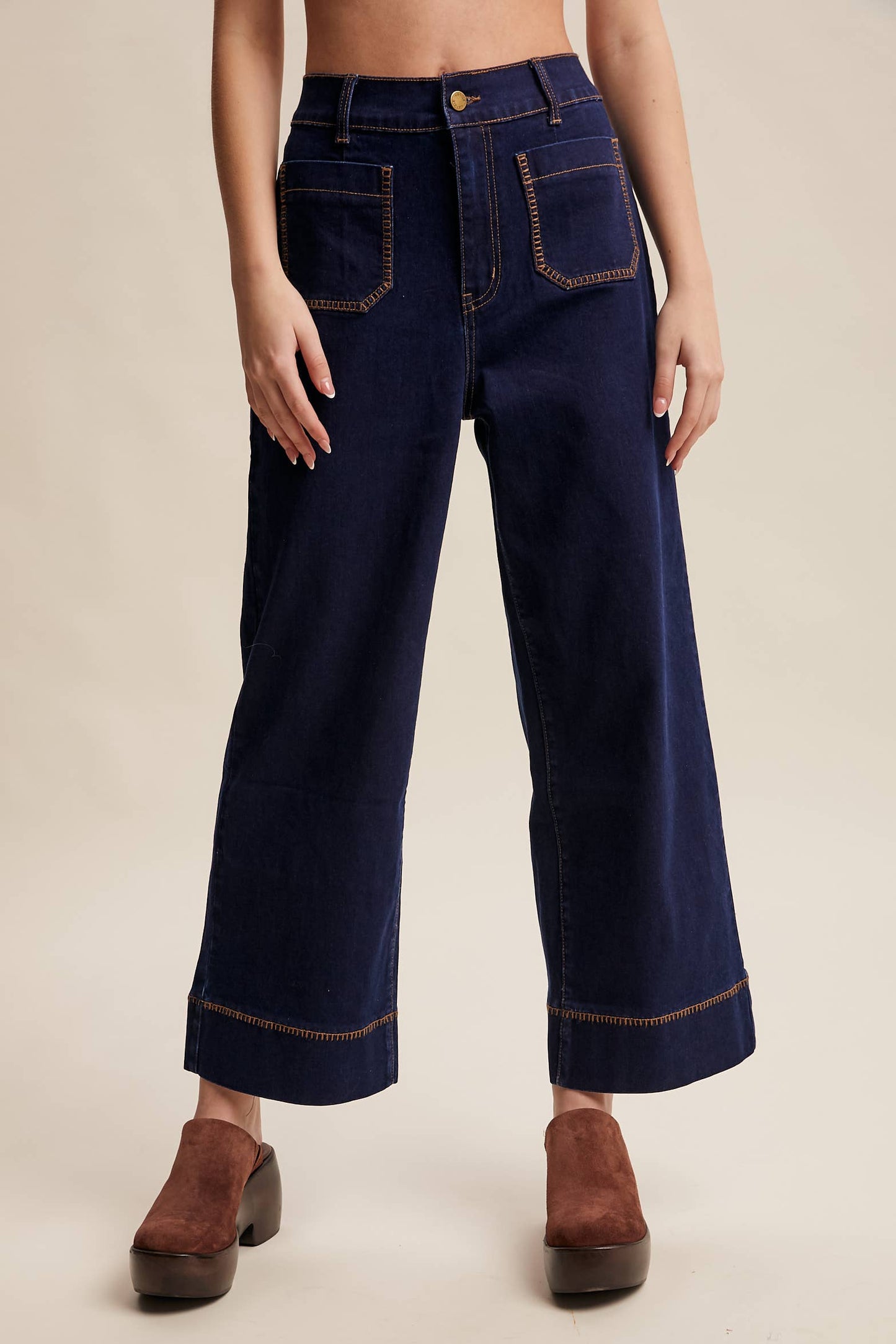 Contrast Stitch Wide Leg Stretch Denim Pants