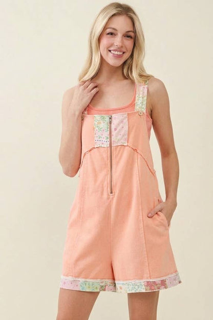 Mineral Washed Floral Patched Zipper Romper