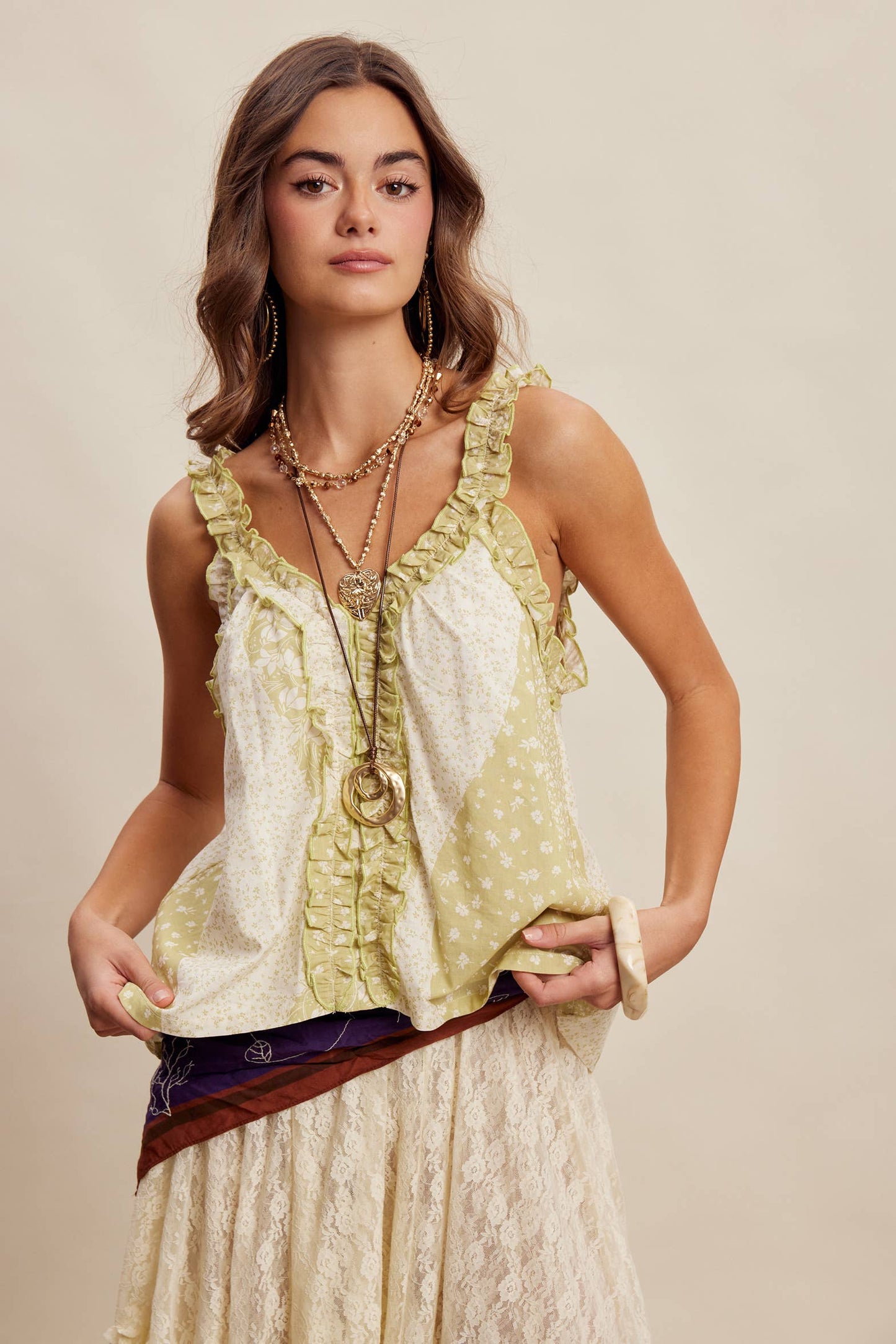 Sage Ruffle Trim Patchwork Tank Top