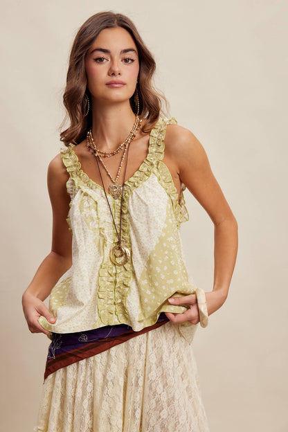 Sage Ruffle Trim Patchwork Tank Top
