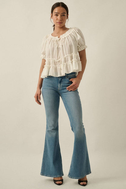 Tonal-Stripe Puff-Sleeve Tiered Ruffle Babydoll Peasant Top
