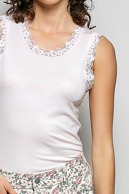 Round Neck Sleeveless Lace Trim Knit Fitted Top