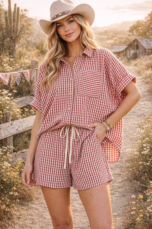 MINI CHECKER BUTTON DOWN TOP AND SHORTS SETS