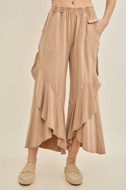 Mineral Washed Wavy Eggplant Ruffle Cropped Pants