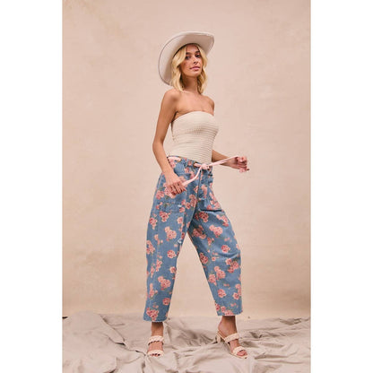 BRAIDING PATCH POCKET FLORAL DENIM PANTS