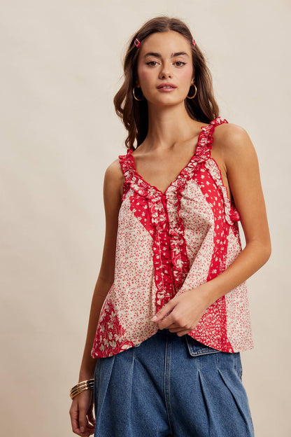 Ruffle Trim Patchwork Tank Top