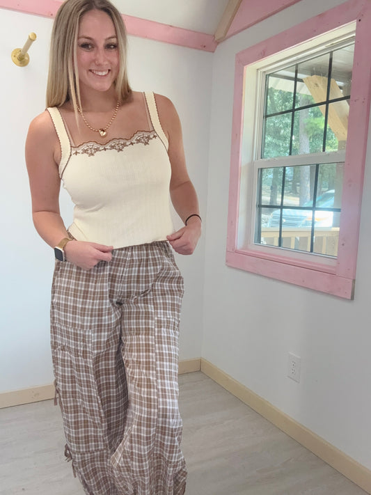 Tan and Brown Scalloped Neck Tank Top Peach Love