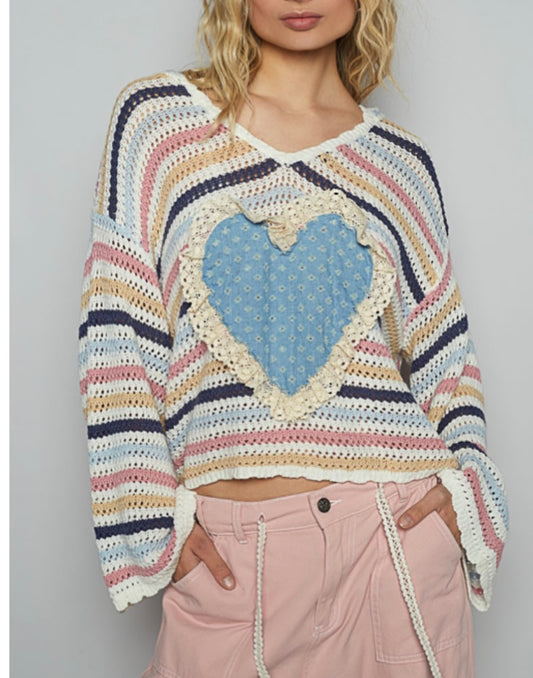 Striped Heart Pol Hooded Sweater