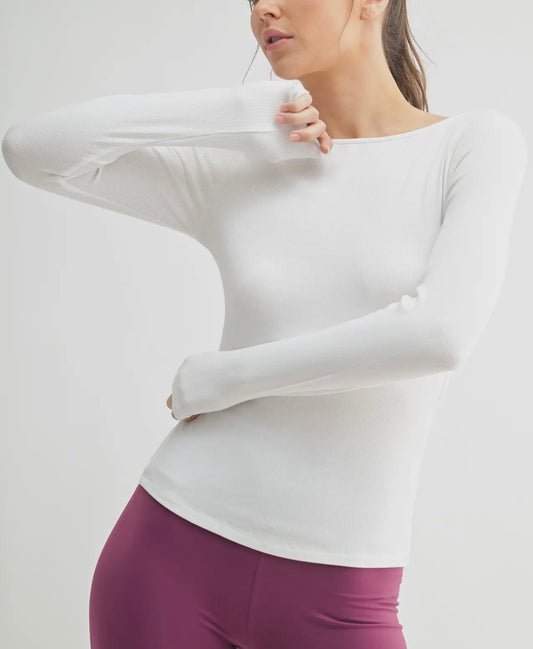 White Boat Neck Micro Ribbed Top Mono b