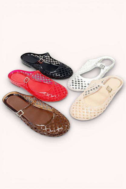 POSIE-1 TRENDY LATTICE JELLY MARY JANE STRAP SLIDE FLAT SLIP