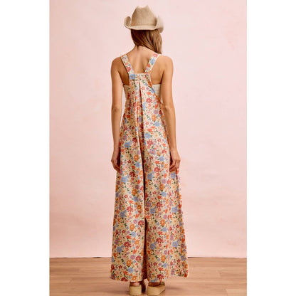 WASHED FLORAL TWILL FRONT POCKETS DETAIL OVERALL