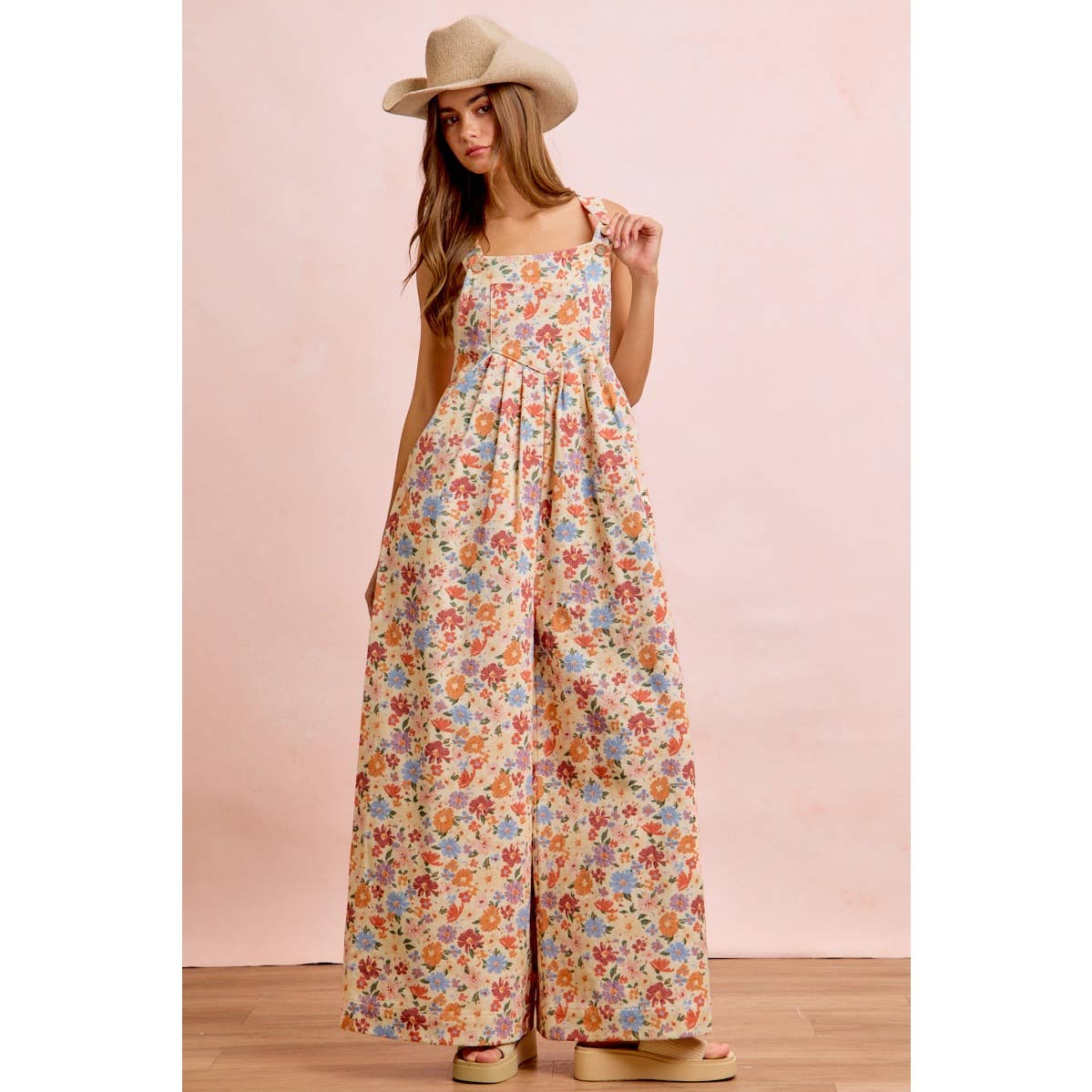 WASHED FLORAL TWILL FRONT POCKETS DETAIL OVERALL