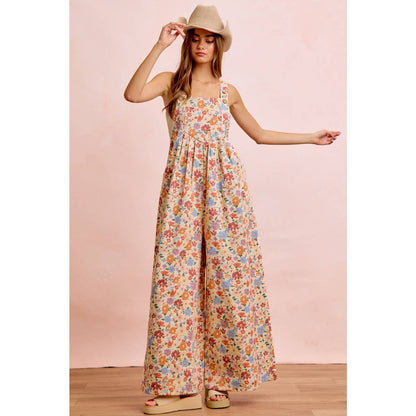 WASHED FLORAL TWILL FRONT POCKETS DETAIL OVERALL