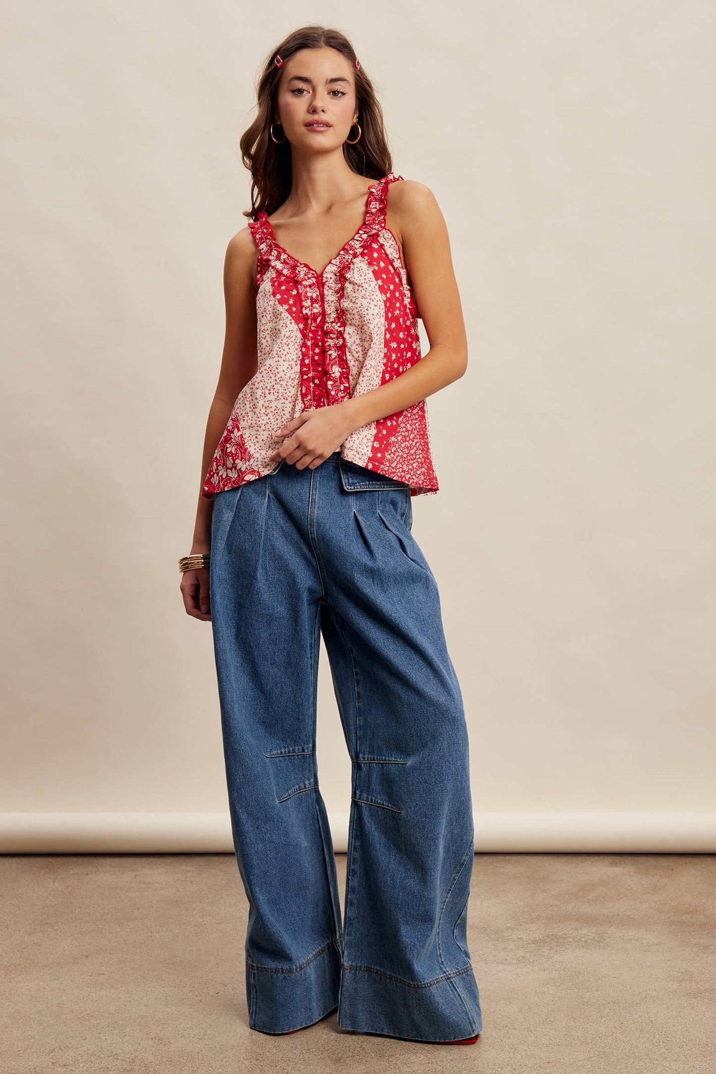 Ruffle Trim Patchwork Tank Top