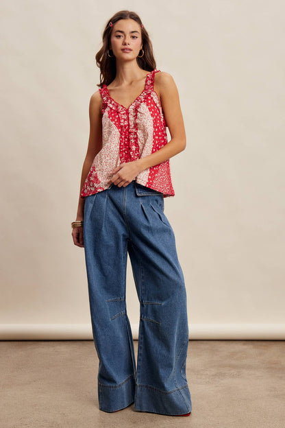 Ruffle Trim Patchwork Tank Top