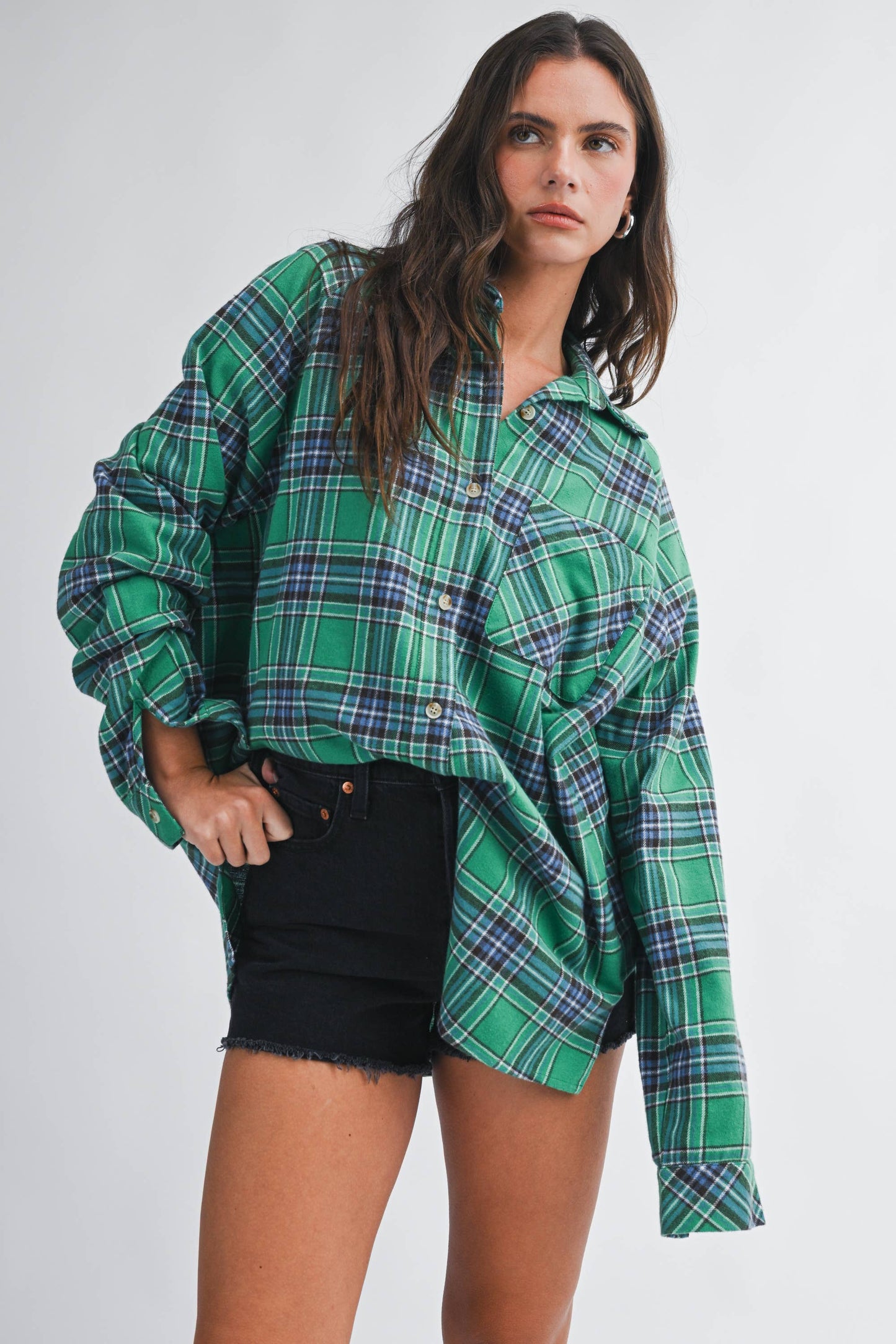 Teal Green Oversized Plaid Flannel Button Down Shirt