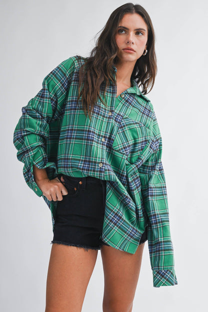 Teal Green Oversized Plaid Flannel Button Down Shirt