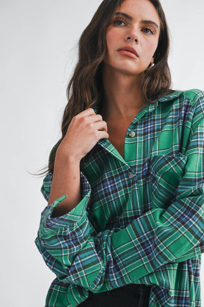 Teal Green Oversized Plaid Flannel Button Down Shirt